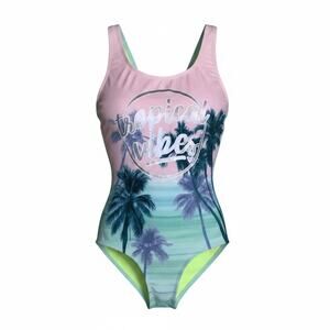 Justice girls' "Tropical Vibes" one-piece swimsuit palm tree silver foil logo 18